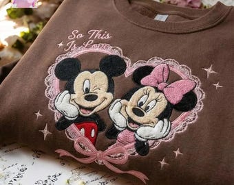 Embroidered Coquette Bow Valentine Sweatshirt Magical Land Cartoon Mouse Couple Heart Crewneck Valentine Gift