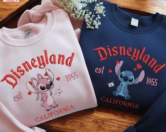 Custom Embroidered Stitch And Angel Valentine Sweatshirt, Disney Couple Hoodie, Cute Love Gift