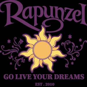 May include: Black graphic design featuring the word "Rapunzel" in purple script above a yellow and orange sun design. The text "GO LIVE YOUR DREAMS" and "EST. 2010" are in purple below the sun.