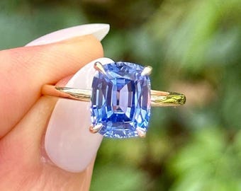 Anillo solitario de tanzanita de 2,5 quilates con talla cojín, piedra natal de diciembre, anillo de promesa para ella, delicado anillo de piedra, anillo de promesa chapado en oro de 14 quilates