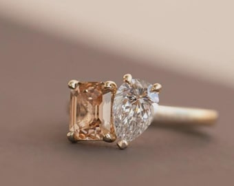 Bague Toi et Moi en argent sterling avec émeraude taille poire et pierre de naissance simulée