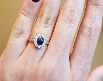 Vintage Sapphire Halo Ring, Oval Blue Sapphire Engagement Ring, Diamond Halo Ring, Antique Art Deco Ring, September Birthstone Ring