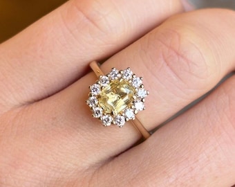 Anillo con halo de piedra amarilla simulada de 2 quilates, plata de ley 925 maciza, regalo de 30 cumpleaños para mamá, anillo de compromiso