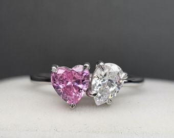 Bague avec pierres précieuses Toi et Moi, bague poire blanche et coeur rose, pierre de naissance, bague en argent sterling 925/cadeau d'anniversaire pour elle