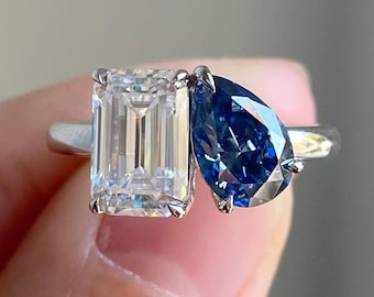 Anillo Toi et Moi de plata de ley con piedra natal simulada, anillo de regalo de boda de plata de ley 925