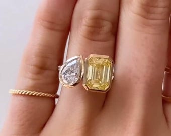 Toi et Moi Sterling Silver Pear Emerald Cut Simulated Birthstone Ring, Bezel setting ring