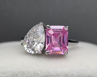 Bague avec pierre de naissance taille émeraude et poire / Bague personnalisée avec pierres précieuses Toi et Moi / Bague double pierre / Meilleur cadeau d'anniversaire pour elle / Bague arbre généalogique