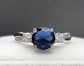 Bague en pierre ronde saphir bleu de meilleure qualité, 2 carats, bague de mariage en pierre fine pour elle, bague cadeau faite main, bague en argent sterling 925