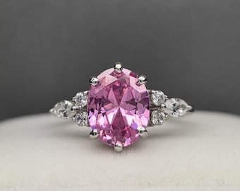 Bague cadeau 15e anniversaire avec pierre ovale rose 10 x 8 mm / Bague de fiançailles saphir rose de forme ovale / Pierre de naissance d'octobre / Bague en pierre ovale et poire