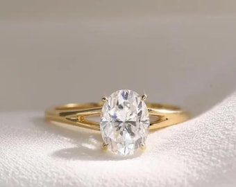 Bague de fiançailles taille ovale, bague solitaire diamant ovale, bague en or à anneau fendu, bague de fiançailles minimaliste, alliance élégante