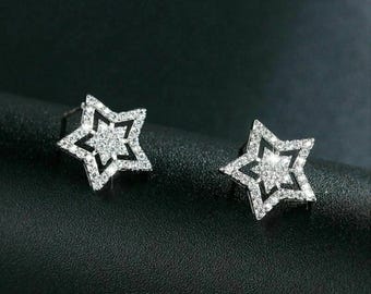 Pendientes de estrella, pendientes de estrella de piedra sintética, pendientes de estrella con diamantes, joyería celestial, pendientes minimalistas, regalo para ella.
