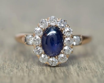 Anillo vintage con halo de zafiro, anillo de compromiso ovalado de zafiro azul, anillo con halo de diamantes, anillo antiguo Art Déco, anillo de piedra natal de septiembre