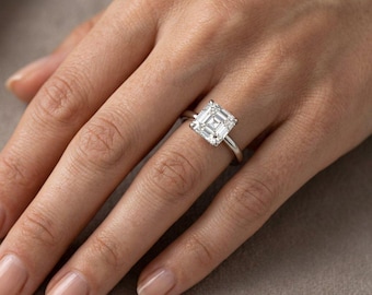 Bague de fiançailles avec diamant taille Asscher de 2,5 carats, bague cadeau en diamant simulé de 7,5 mm, plaquée or jaune 14 carats, bague d'anniversaire avec halo caché