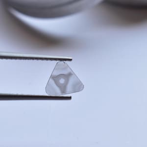 Op de afbeelding: Een klein, driehoekig, doorschijnend object met een cirkelvormig ontwerp in het midden wordt vastgehouden door een pincet. Het object heeft een lichtgrijze kleur en lijkt van glas of een vergelijkbaar materiaal te zijn. De achtergrond is een zacht, wazig wit.