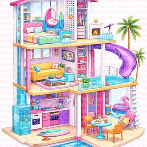May include: A colorful dollhouse illustration with three stories, featuring a bedroom, living room, and kitchen. It includes a pool, slide, and flamingo float. The decor is pink, blue, and yellow, with a modern design.