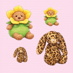 May include: Four plush toys on a pink background. Two are teddy bears, one with a sunflower head and green body, the other with a leopard print. The other two are leopard print bunnies. All have soft, rounded features.