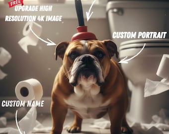 Funny Personalized Pet Portrait: Dog on Toilet, Bathroom Wall Art (Digital Download)