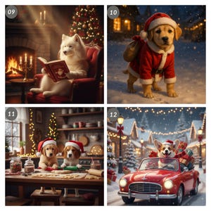 May include: A collection of four festive Christmas-themed images. A white dog reads a book by a fireplace, a puppy in a Santa suit, two puppies baking cookies, and a corgi driving a red convertible filled with gifts.