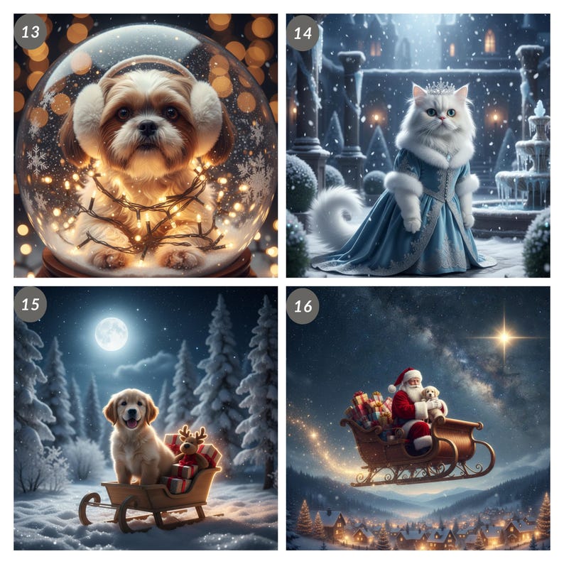 May include: A collection of four winter-themed illustrations. One shows a dog in a snow globe with ear muffs and lights. Another depicts a cat in a blue dress and crown. A puppy in a sleigh with gifts and a reindeer. Santa Claus in a sleigh with gifts.