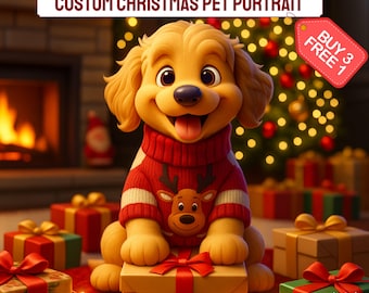 Custom Christmas Pet Portrait – Personalized Dog & Cat Art, Digital Painting, Festive Wall Decor