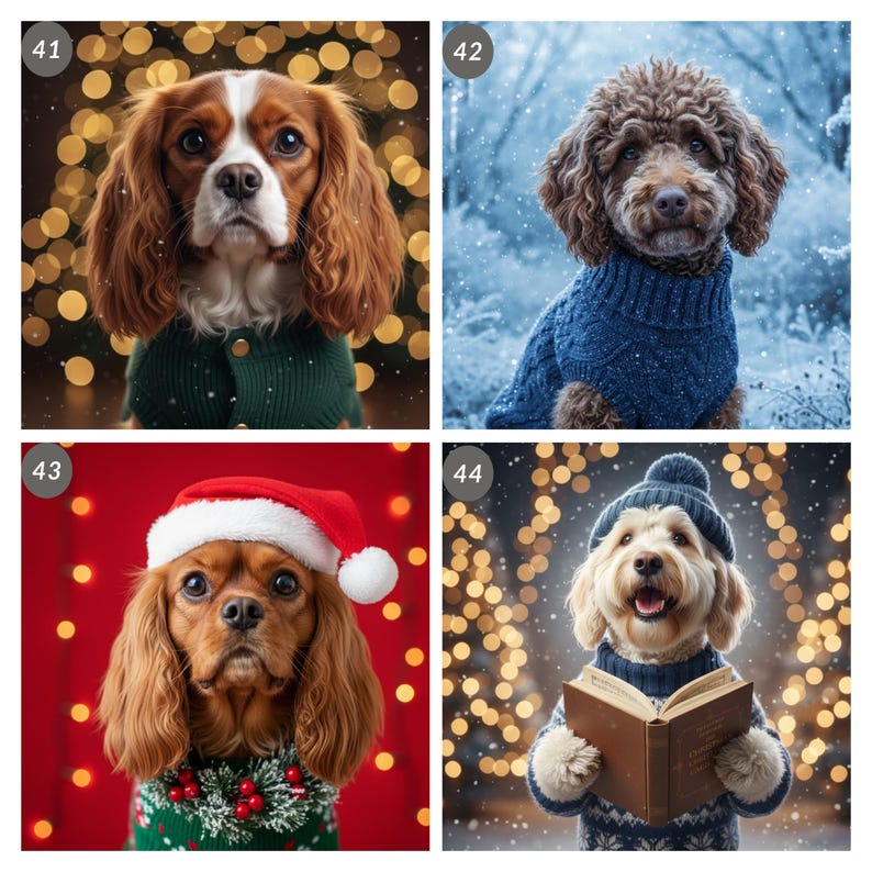 May include: Four images of dogs dressed in festive attire. One dog wears a green sweater, another a blue sweater, a third a Santa hat, and the last a hat and sweater while reading a book. The backgrounds feature bokeh lights and snow.