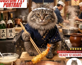 Custom Pet Portrait from Photo, Personalized Dog & Cat Portrait, Japanese Food Pet Art, Funny Pet Wall Decor, Digital Download Gift