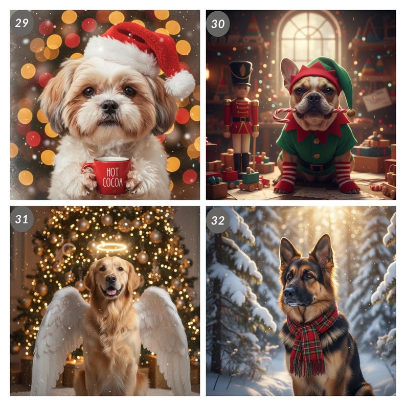 May include: A collection of four festive images featuring dogs in holiday attire. One dog wears a Santa hat and holds a "Hot Cocoa" mug. Another dog is dressed as an elf. A golden retriever has angel wings and a halo. A German Shepherd wears a plaid scarf.