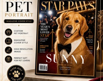 Custom Pet Portrait Magazine Cover, Personalized Dog or Cat Wall Art, Pet Lover Gift, Digital Download