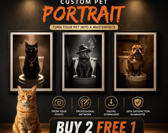 Retrato personalizado de un gato en el inodoro, divertido cuadro para el baño a partir de la foto de tu mascota, descarga digital.