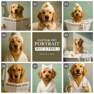 May include: A collection of custom pet portraits featuring dogs in various spa-like settings. One dog reads a newspaper, another wears a towel and glasses, and others are in a bathtub with bubbles. The portraits are available with a "Buy 2 Free 1" offer.