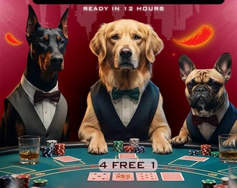 Custom Dogs Playing Poker Portrait | Funny Pet Art from Photo | Personalized Poker Night Wall Art | Digital Download