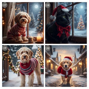 May include: Four images of pets in festive attire. A dog in a red sweater sits by a window. A black cat wears a Santa hat and bow tie. A dog in a red sweater stands in the snow. A golden retriever in a Santa suit.