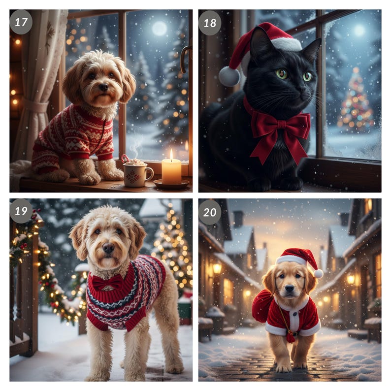 May include: Four images of pets in festive attire. A dog in a red sweater sits by a window. A black cat wears a Santa hat and bow tie. A dog in a red sweater stands in the snow. A golden retriever in a Santa suit.