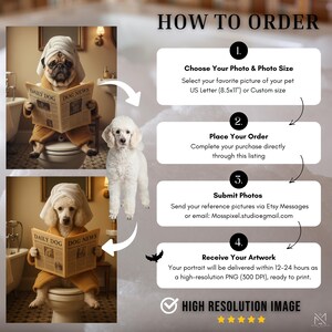 May include: An image with the text "HOW TO ORDER" and instructions for ordering a custom pet portrait. The image features a pug and a poodle, both wearing towels and robes, reading a newspaper titled "DAILY DOG DOG NEWS".