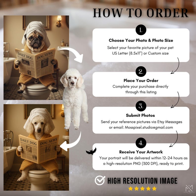 May include: An image with the text "HOW TO ORDER" and instructions for ordering a custom pet portrait. The image features a pug and a poodle, both wearing towels and robes, reading a newspaper titled "DAILY DOG DOG NEWS".