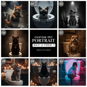 May include: A collection of custom pet portraits featuring cats and a bulldog in various humorous poses. One cat plays a guitar, another wears sunglasses, and a bulldog smokes a cigar. The portraits are set in bathrooms.