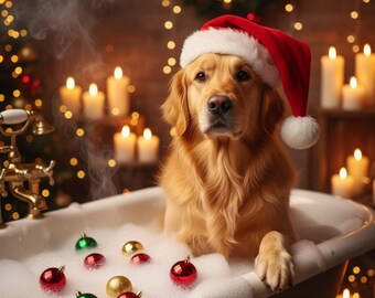 Funny Holiday Pet Portrait | Christmas Toilet Scene | Dog & Cat Art