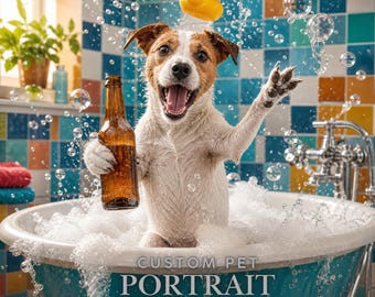 Custom Dog or Cat on Toilet with Beer, Personalized Funny Pet Portrait, Bathroom Wall Art, Digital Download, Pet Lover Gift
