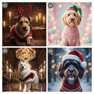 May include: Four dogs dressed in festive holiday attire. One dog wears reindeer antlers and a Santa suit. Another dons an elf hat and pink sweater. A third dog is in a red and gold coat. The last dog is in a Santa hat and red sweater.