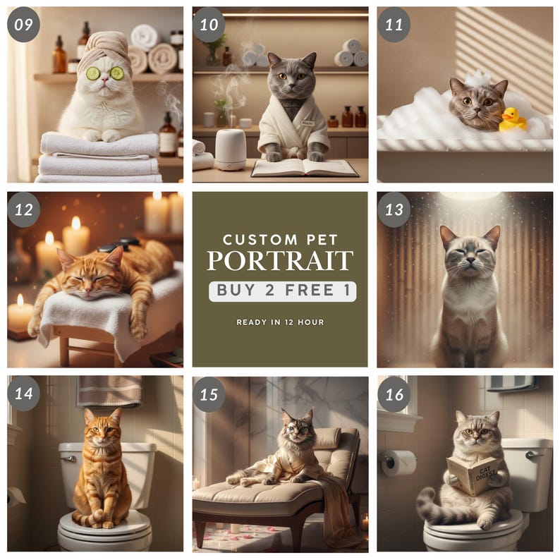 May include: A promotional image for custom pet portraits. The image features various cats in spa-like settings, including a cat with cucumber slices on its eyes, a cat in a bathrobe, and a cat in a bathtub. Text on the image reads "CUSTOM PET PORTRAIT BUY 2 FREE 1 READY IN 12 HOUR."