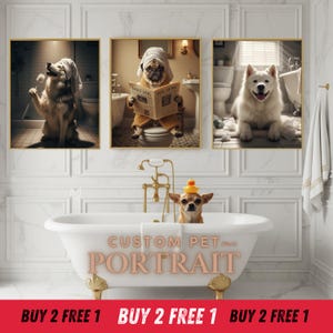 May include: A set of three framed dog portraits. One shows a dog in a bathroom with a towel, another a dog reading a newspaper on a toilet, and the third a dog in a bathroom. A chihuahua in a bathtub wears a rubber ducky hat. Text reads "CUSTOM PET PORTRAIT".
