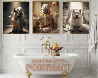 Funny Pet Portrait, Dog on Toilet, Custom Bathroom Art (Digital Download)