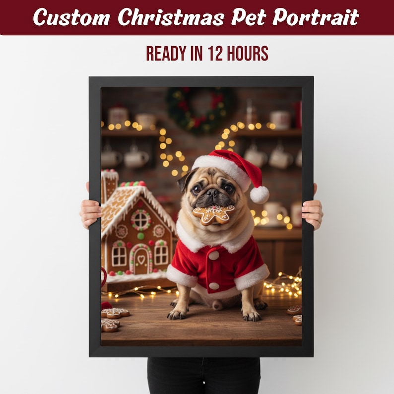 May include: A framed custom Christmas pet portrait featuring a pug wearing a Santa Claus outfit and holding a gingerbread cookie. A gingerbread house and Christmas lights are in the background. The text "Custom Christmas Pet Portrait" and "READY IN 12 HOURS" are at the top.
