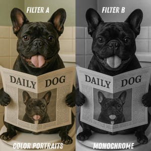 May include: A split image featuring a black French Bulldog reading a newspaper titled "DAILY DOG." The left side is in color, labeled "FILTER A," and the right side is monochrome, labeled "FILTER B." The bottom text reads "COLOR PORTRAITS" and "MONOCHROME."
