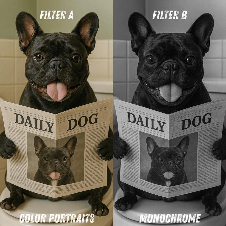 May include: A split image featuring a black French Bulldog reading a newspaper titled "DAILY DOG." The left side is in color, labeled "FILTER A," and the right side is monochrome, labeled "FILTER B." The bottom text reads "COLOR PORTRAITS" and "MONOCHROME."