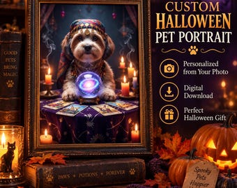 Custom Halloween Pet Portrait, Witch Dog or Cat Portrait from Photo, Spooky Personalized Pet Art, Halloween Pet Gift, Digital Download