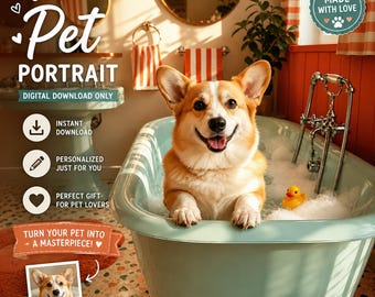 Funny Pet Portrait, Custom Dog Cat Bathroom Art, Humor Poster (Digital Download)