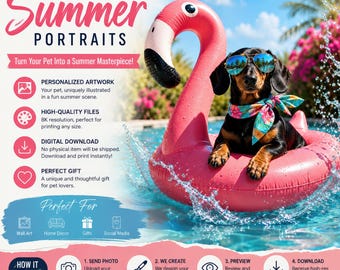 Custom Tropical Pet Portrait | Personalized Dog & Cat Beach Art | Funny Summer Pet Portrait | Digital Download | Pet Lover Gift