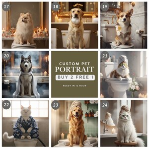 May include: A collage of custom pet portraits featuring various breeds in bathroom settings. The portraits include a Pomeranian, Labrador, Corgi, Husky, cat, and Golden Retriever. Text reads "CUSTOM PET PORTRAIT BUY 2 FREE 1 READY IN 12 HOUR."