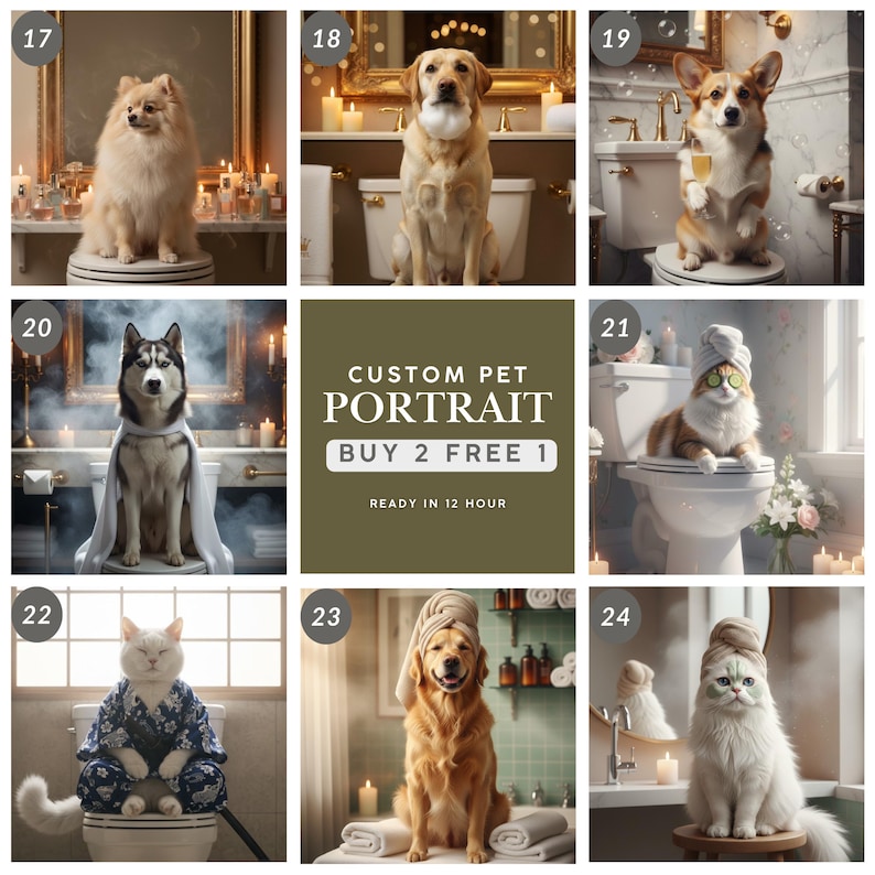 May include: A collage of custom pet portraits featuring various breeds in bathroom settings. The portraits include a Pomeranian, Labrador, Corgi, Husky, cat, and Golden Retriever. Text reads "CUSTOM PET PORTRAIT BUY 2 FREE 1 READY IN 12 HOUR."